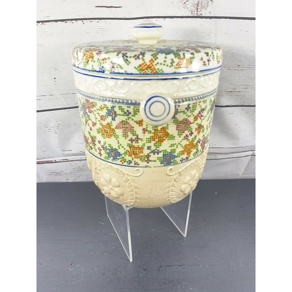 Vintage Ceramic Biscuit Cookie Cracker Jar Barre Cross Stich Pattern No Handle - Picture 2 of 12